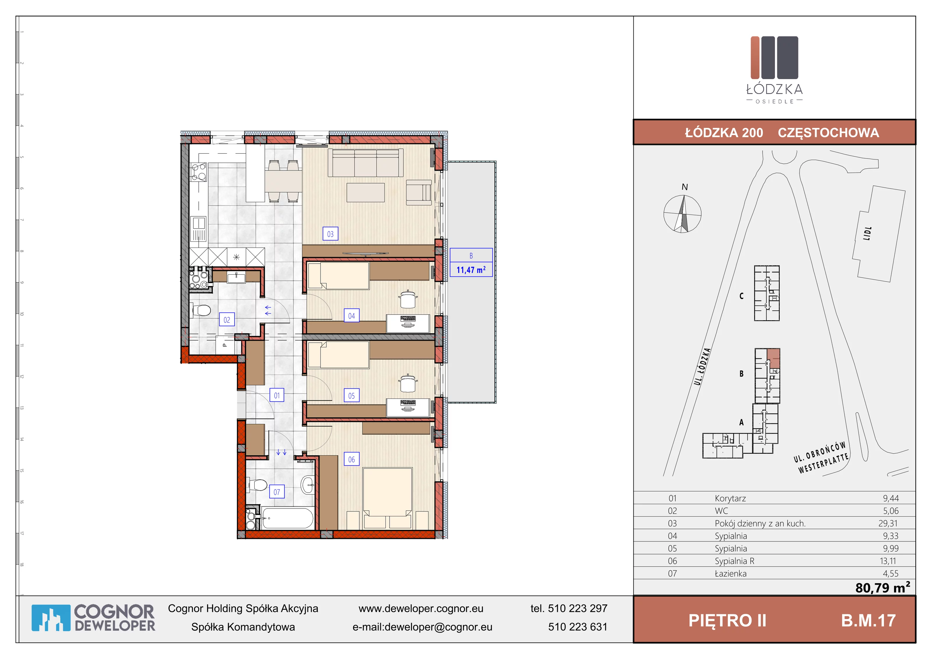 4 pokoje, mieszkanie 80,80 m², piętro 2, oferta nr B.M.17, Łódzka Osiedle, Częstochowa, Częstochówka-Parkitka, ul. Łódzka 198, 200, 202